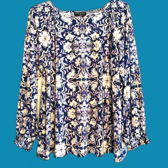 Lane Bryant Stretchy Peasant Blouse Blue Purple 18-20 Boho Popover Fractal - Picture 1 of 6